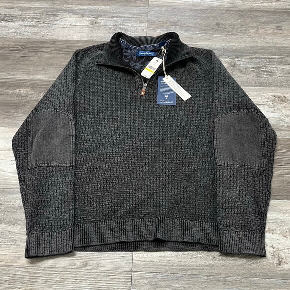 NWT Tommy Bahama Sunbreak Black Gray Mens M 1/2 Zip Elbow Patch Pullover Sweater - Picture 1 of 9